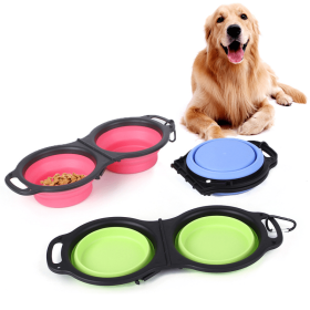 Rubber Folding Double Bowl Portable Pet Feeding Watering Bowl Outdoor Dog Food Bowl Cat Folding Food Multicolor Utensils (Color: Yellow and Black Polka Dot Ruffle: Blue)
