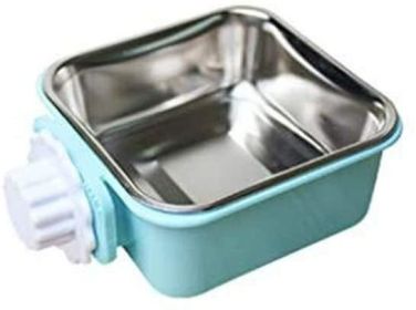Stainless Steel Pet Crate Bowl Removable Cage Hanging Bowls with Bolt Holder for Pets (Color: Yellow and Black Polka Dot Ruffle: Blue)