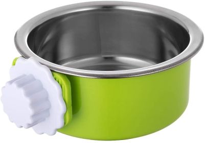 Removable Hanging Food Stainless Steel Water Bowl Cage Bowl for Dogs Cats Birds Small Animals (Color: Yellow and Black Polka Dot Ruffle: Green)