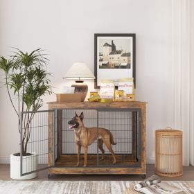 Furniture Style Dog Crate Side Table on Wheels with Double Doors and Lift Top (Color: Yellow and Black Polka Dot Ruffle: Rustic Brown)