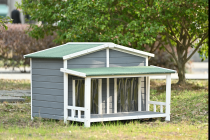 47.2 ' Large Wooden Dog House Outdoor;  Outdoor & Indoor Dog Crate;  Cabin Style;  With Porch;  2 Doors (Color: Yellow and Black Polka Dot Ruffle: Gray)