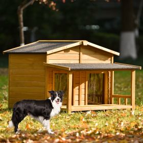 47.2 ' Large Wooden Dog House Outdoor;  Outdoor & Indoor Dog Crate;  Cabin Style;  With Porch;  2 Doors (Color: Yellow and Black Polka Dot Ruffle: Brown)