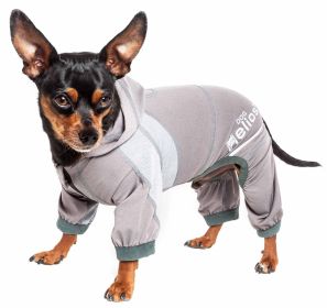 Dog Helios 'Namastail' Lightweight 4-Way Stretch Breathable Full Bodied Performance Yoga Dog Hoodie Tracksuit (Color: Yellow and Black Polka Dot Ruffle: Grey, size: small)