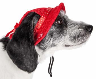Pet Life 'Sea Spot Sun' Uv Protectant Adjustable Fashion Mesh Brimmed Dog Hat Cap (Color: Yellow and Black Polka Dot Ruffle: Red, size: medium)