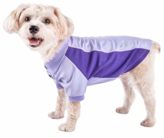Pet Life Active 'Barko Pawlo' Relax-Stretch Wick-Proof Performance Dog Polo T-Shirt (Color: Yellow and Black Polka Dot Ruffle: Purple, size: X-Large)