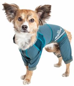Dog Helios 'Namastail' Lightweight 4-Way Stretch Breathable Full Bodied Performance Yoga Dog Hoodie Tracksuit (Color: Yellow and Black Polka Dot Ruffle: Blue, size: X-Small)