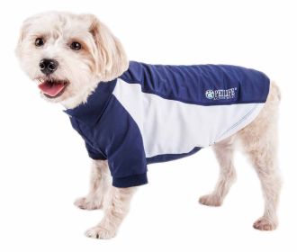 Pet Life Active 'Barko Pawlo' Relax-Stretch Wick-Proof Performance Dog Polo T-Shirt (Color: Yellow and Black Polka Dot Ruffle: Navy, size: large)