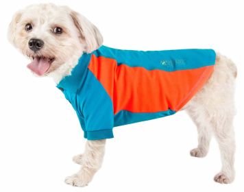 Pet Life Active 'Barko Pawlo' Relax-Stretch Wick-Proof Performance Dog Polo T-Shirt (Color: Yellow and Black Polka Dot Ruffle: Blue, size: medium)