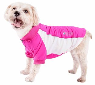 Pet Life Active 'Barko Pawlo' Relax-Stretch Wick-Proof Performance Dog Polo T-Shirt (Color: Yellow and Black Polka Dot Ruffle: Pink, size: small)