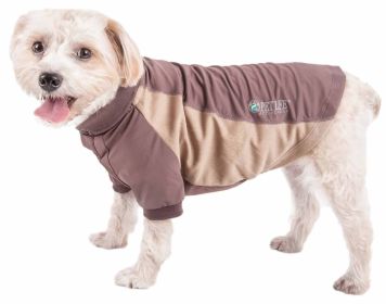 Pet Life Active 'Barko Pawlo' Relax-Stretch Wick-Proof Performance Dog Polo T-Shirt (Color: Yellow and Black Polka Dot Ruffle: Brown, size: medium)