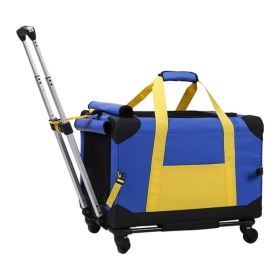 Pet Rolling Carrier with Wheels Pet Travel Carrier Transport Box Dog Strollers for Small Dogs/Cats Up to 28 LBS (Color: Yellow and Black Polka Dot Ruffle: Blue)