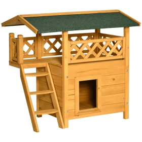 Indoor/Outdoor Cat House 2-Story Wooden Kitten Condo With Balcony Roof (Color: Yellow and Black Polka Dot Ruffle: Natural Wood, size: 30"x20"x29")