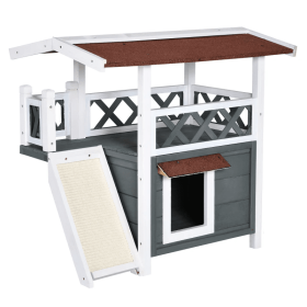 Indoor/Outdoor Cat House 2-Story Wooden Kitten Condo With Balcony Roof (Color: Yellow and Black Polka Dot Ruffle: Grey & White, size: 30"x20"x29")