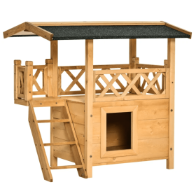 Indoor/Outdoor Cat House 2-Story Wooden Kitten Condo With Balcony Roof (Color: Yellow and Black Polka Dot Ruffle: Wood Color, size: 30"x20"x29")