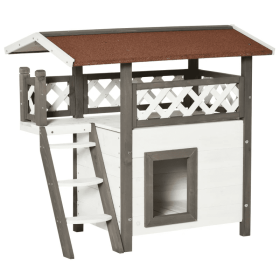 Indoor/Outdoor Cat House 2-Story Wooden Kitten Condo With Balcony Roof (Color: Yellow and Black Polka Dot Ruffle: White, size: 30"x20"x29")