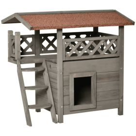 Indoor/Outdoor Cat House 2-Story Wooden Kitten Condo With Balcony Roof (Color: Yellow and Black Polka Dot Ruffle: Light Grey, size: 30"x20"x29")