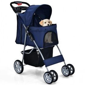 Simple Desight Foldable 4-Wheel Pet Stroller With Storage Basket (Color: Yellow and Black Polka Dot Ruffle: Navy, Type: Pets)