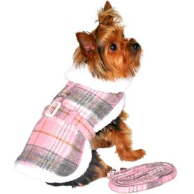 Sherpa-Lined Dog Harness Coat - Pink & White Plaid (size: large)
